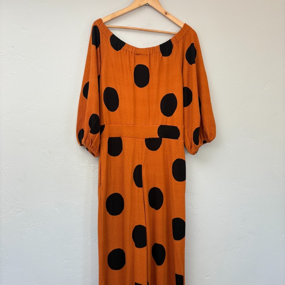 Farm Rio Anthropologie Polka Dot Wide Leg Jumpsuit Medium Orange Black New FLAW - Picture 10 of 16